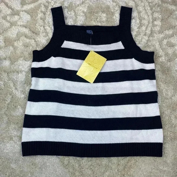 NWT Denim & Co Women's Knit Striped Black & White Tank Top Size XXL Square Neck - Picture 1 of 7